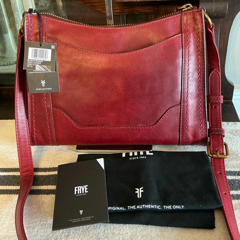 NWT Frye Leather Melissa Zip Top Saddle Crossbody Berry Lacquer Red MSRP $198